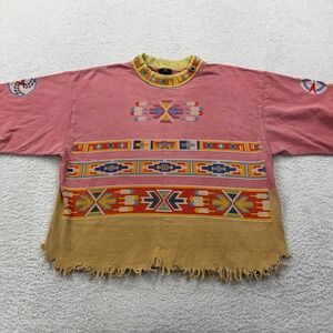 Factory Artwear Pink Beaded Geometric Print Cotton TShirt Womens Medium Fringe